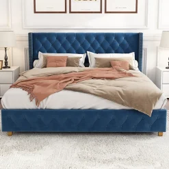 Lit Double 160x200 cm - Lit Rembourré avec Tête de Lit Capitonnée - Velours - Sans Matelas - Bleu