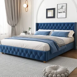 Lit Double 160x200 cm - Lit Rembourré avec Tête de Lit Capitonnée - Velours - Sans Matelas - Bleu