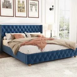 Lit Double 160x200 cm - Lit Rembourré avec Tête de Lit Capitonnée - Velours - Sans Matelas - Bleu