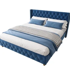 Lit Double 160x200 cm - Lit Rembourré avec Tête de Lit Capitonnée - Velours - Sans Matelas - Bleu