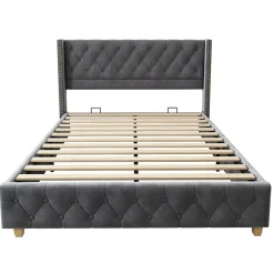 Lit Double 140x190 cm - Lit Rembourré avec Tête de Lit à Boutons et Sommier à Lattes - Velours - Sans Matelas - Gris