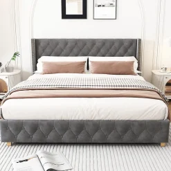 Lit Double 140x190 cm - Lit Rembourré avec Tête de Lit à Boutons et Sommier à Lattes - Velours - Sans Matelas - Gris
