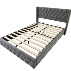 Lit Double 140x190 cm - Lit Rembourré avec Tête de Lit à Boutons et Sommier à Lattes - Velours - Sans Matelas - Gris