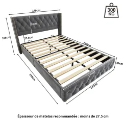 Lit Double 140x190 cm - Lit Rembourré avec Tête de Lit à Boutons et Sommier à Lattes - Velours - Sans Matelas - Gris