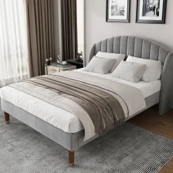 Lit Double 140x200 cm - Lit Rembourré ado - Velours - Sans Matelas - Gris