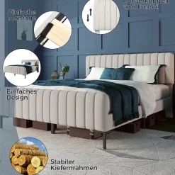 Lit double 140x200 cm - Lit rembourré avec tête de lit capitonnée - Lin - avec Matelas - Beige