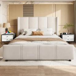Lit Double 140x200 cm - Lit Rembourré Adulte avec Tête Haute et Port USB, Velours, Sans Matelas, Beige