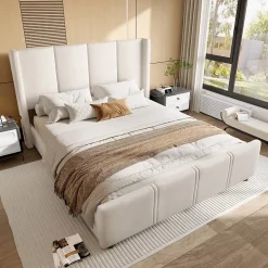 Lit Double 140x200 cm - Lit Rembourré Adulte avec Tête Haute et Port USB, Velours, Sans Matelas, Beige