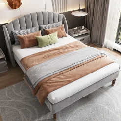 Lit Double 160x200 cm - Lit Rembourré ado - Velours - Sans Matelas - Gris