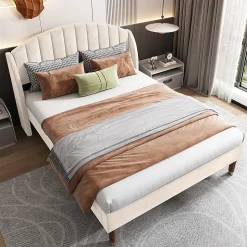 Lit Double 160x200 cm - Lit Rembourré ado - Velours - Sans Matelas - Beige