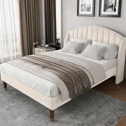 Lit Double 160x200 cm - Lit Rembourré ado - Velours - Sans Matelas - Beige