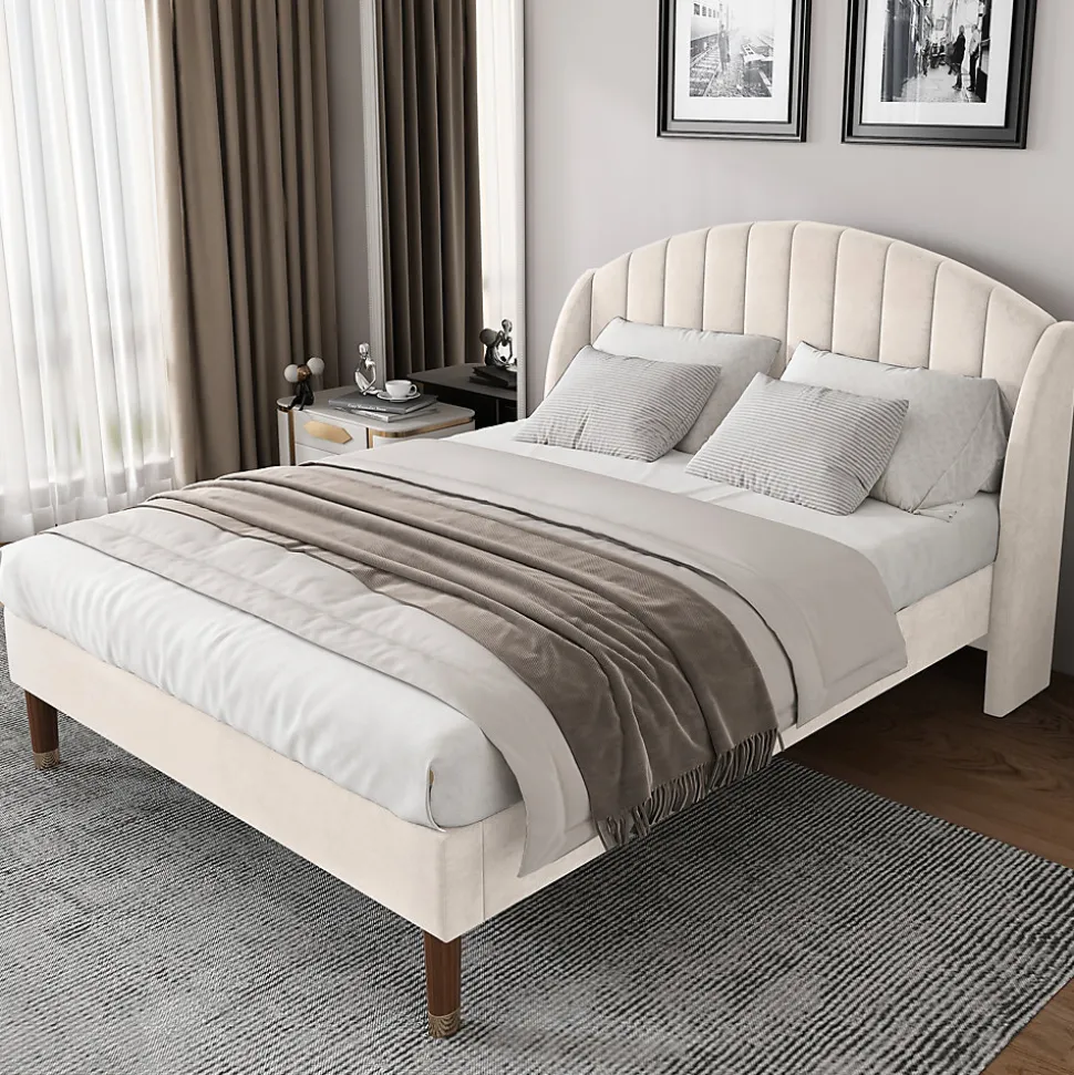 Lit Double 160x200 cm - Lit Rembourré ado - Velours - Sans Matelas - Beige