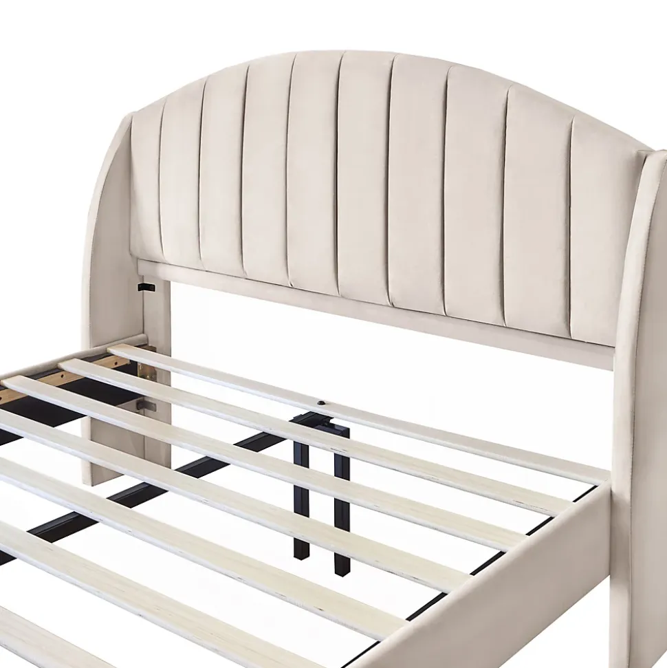 Lit Double 160x200 cm - Lit Rembourré ado - Velours - Sans Matelas - Beige