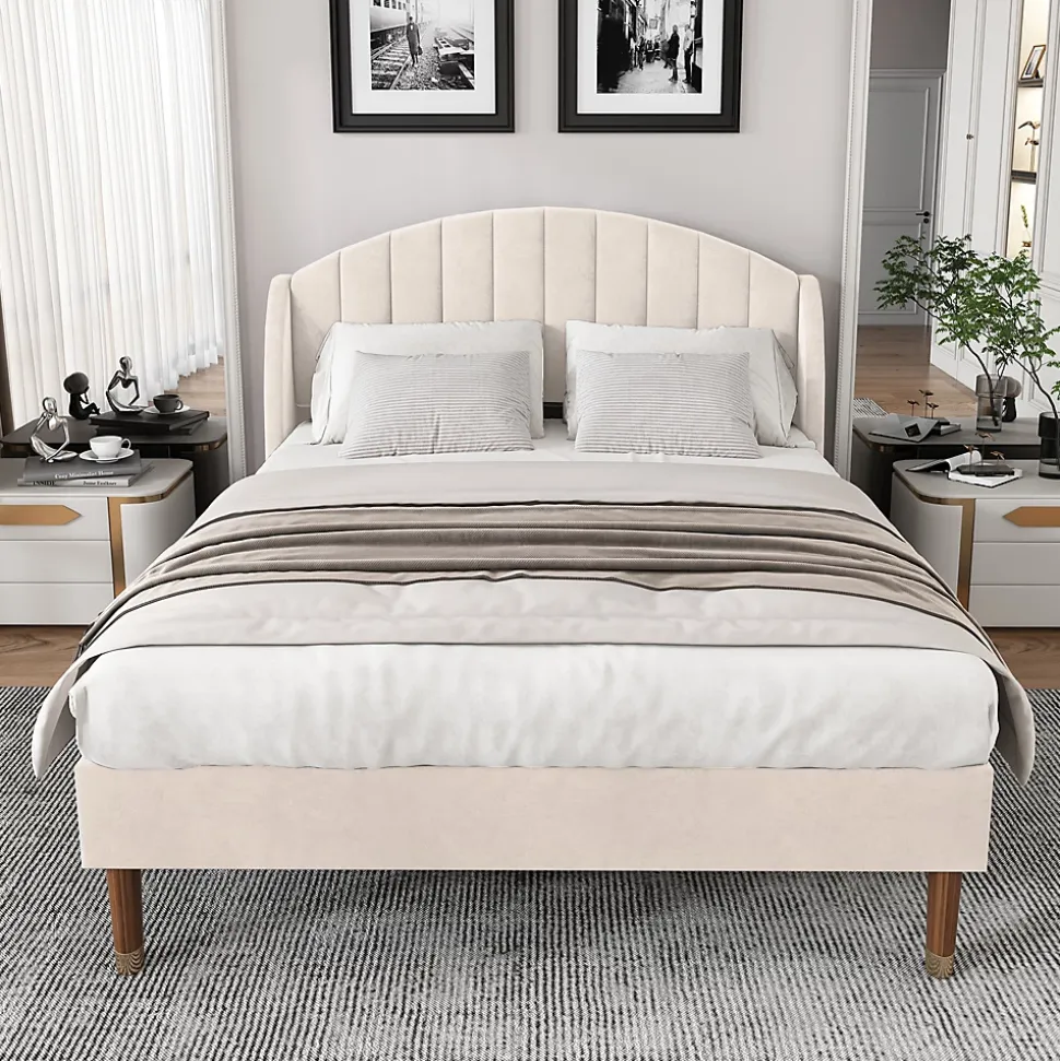 Lit Double 160x200 cm - Lit Rembourré ado - Velours - Sans Matelas - Beige