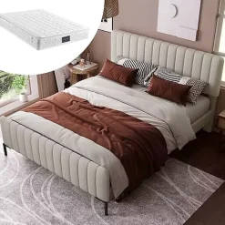Lit double 160x200 cm - Lit rembourré avec tête de lit capitonnée - Lin - avec Matelas - Beige