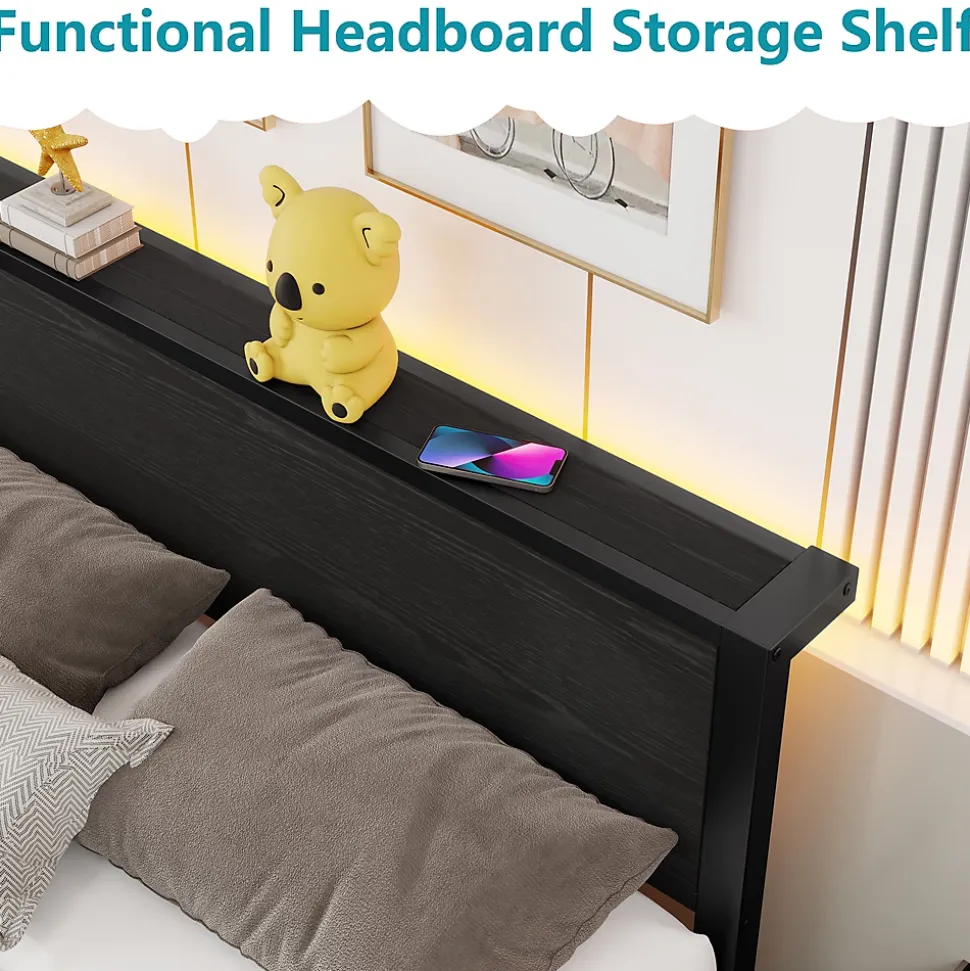 Lit Double 140x200 cm - Style Minimaliste avec Structure Métal MDF - sans Matelas - Noir