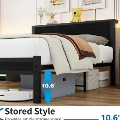 Lit Double 140x200 cm - Style Minimaliste avec Structure Métal MDF - sans Matelas - Noir