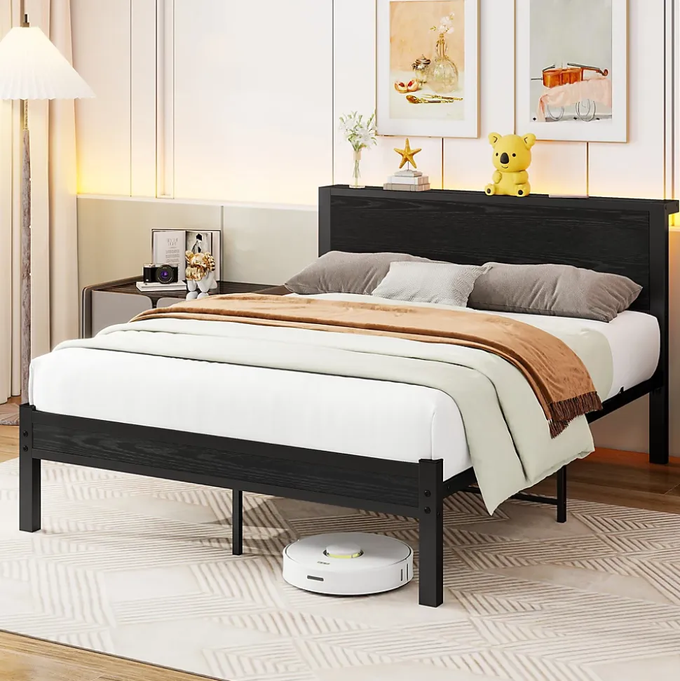 Lit Double 140x200 cm - Style Minimaliste avec Structure Métal MDF - sans Matelas - Noir