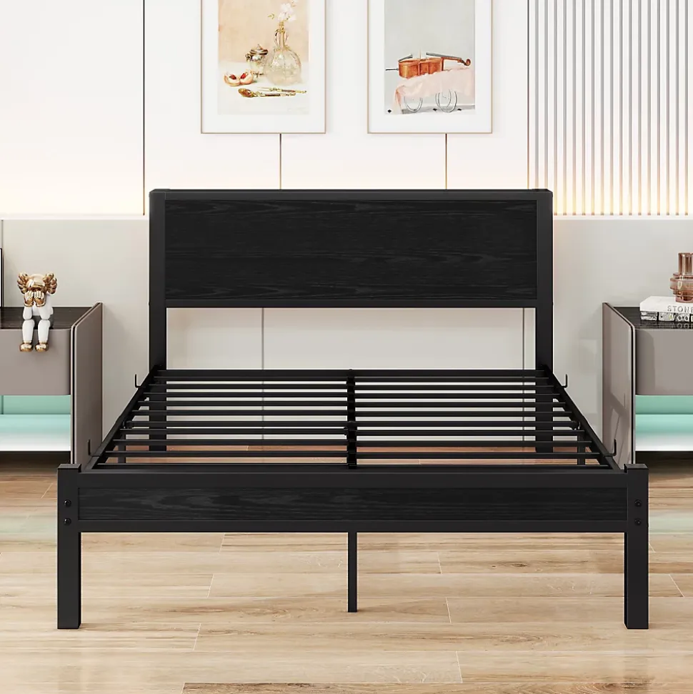 Lit Double 140x200 cm - Style Minimaliste avec Structure Métal MDF - sans Matelas - Noir