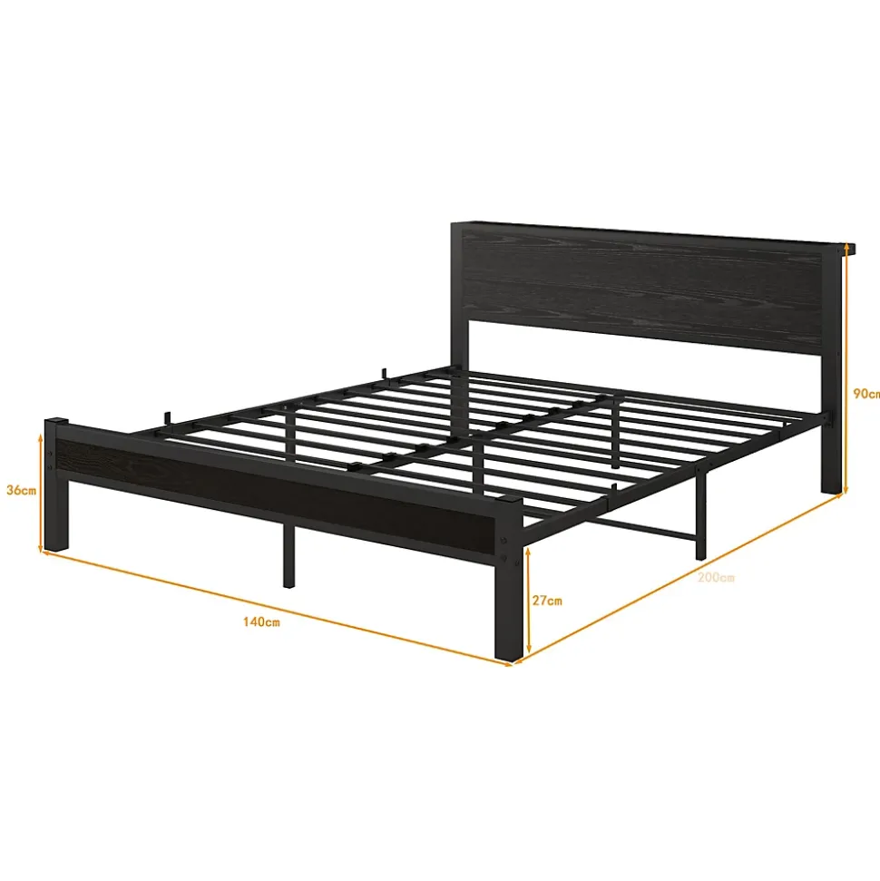 Lit Double 140x200 cm - Style Minimaliste avec Structure Métal MDF - sans Matelas - Noir
