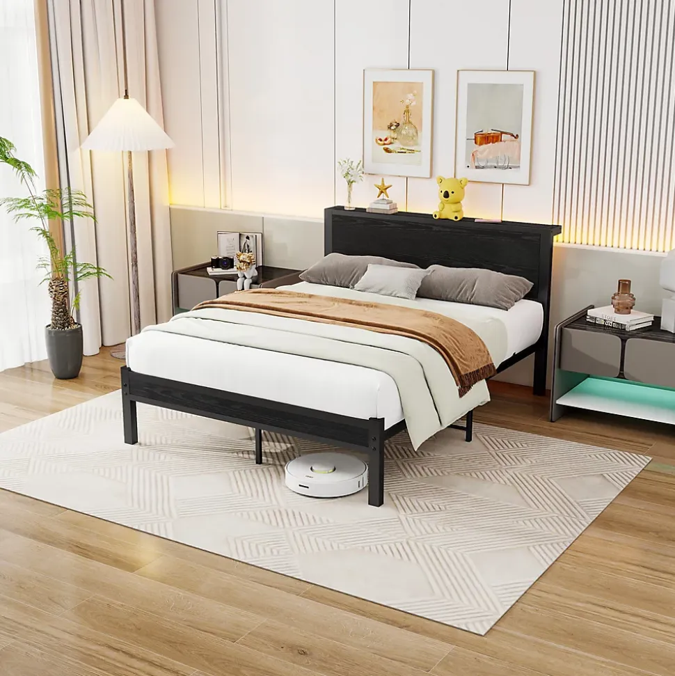 Lit Double 140x200 cm - Style Minimaliste avec Structure Métal MDF - sans Matelas - Noir