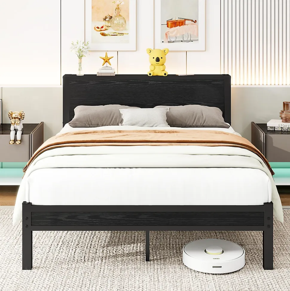 Lit Double 140x200 cm - Style Minimaliste avec Structure Métal MDF - sans Matelas - Noir