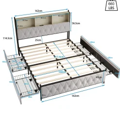 Lit Double 160x200 Cm, 4 Tiroirs, Ports USB/type-c, Éclairage LED, Sommier à Lattes, Velours Beige.