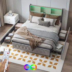 Lit Double 160x200 Cm, 4 Tiroirs, Ports USB/type-c, Éclairage LED, Sommier à Lattes, Velours Beige.