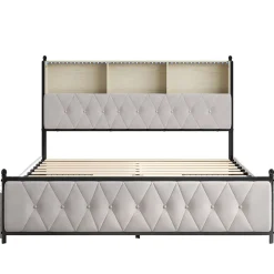 Lit Double 160x200 Cm, 4 Tiroirs, Ports USB/type-c, Éclairage LED, Sommier à Lattes, Velours Beige.