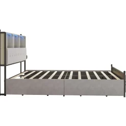 Lit Double 160x200 Cm, 4 Tiroirs, Ports USB/type-c, Éclairage LED, Sommier à Lattes, Velours Beige.