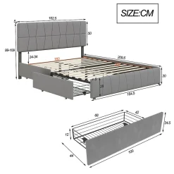 Lit double 160x200 cm, 4 tiroirs en fer, sommier à lattes, structure en métal, tissu velours, gris