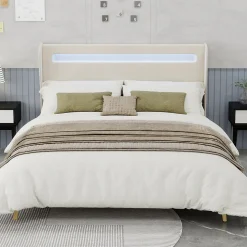 Lit Double 160x200 cm - Tête de Lit LED Intégrée et Base Basse Anti-Poussière, Lit Adulte/Ado, Velours, Beige, Sans Matelas