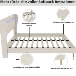 Lit Double 160x200 cm - Tête de Lit LED Intégrée et Base Basse Anti-Poussière, Lit Adulte/Ado, Velours, Beige, Sans Matelas