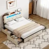 Lit double, 140x190 cm, avec 4 tiroirs, lumière LED et port USB, tête de lit en velours, beige