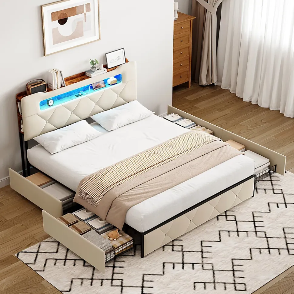 Lit double, 140x190 cm, avec 4 tiroirs, lumière LED et port USB, tête de lit en velours, beige
