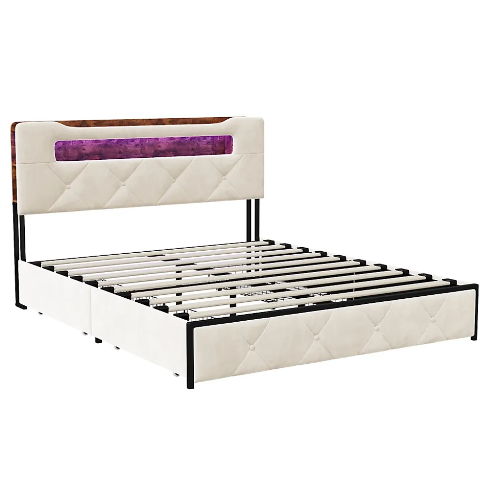 Lit double, 140x190 cm, avec 4 tiroirs, lumière LED et port USB, tête de lit en velours, beige