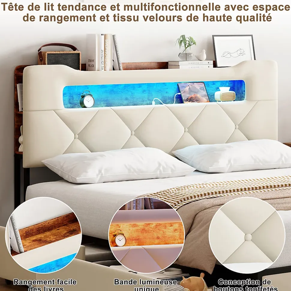 Lit double, 140x190 cm, avec 4 tiroirs, lumière LED et port USB, tête de lit en velours, beige