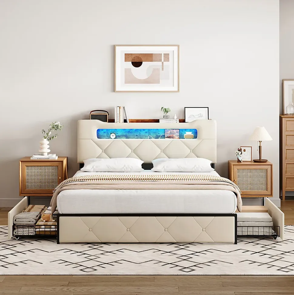 Lit double, 140x190 cm, avec 4 tiroirs, lumière LED et port USB, tête de lit en velours, beige