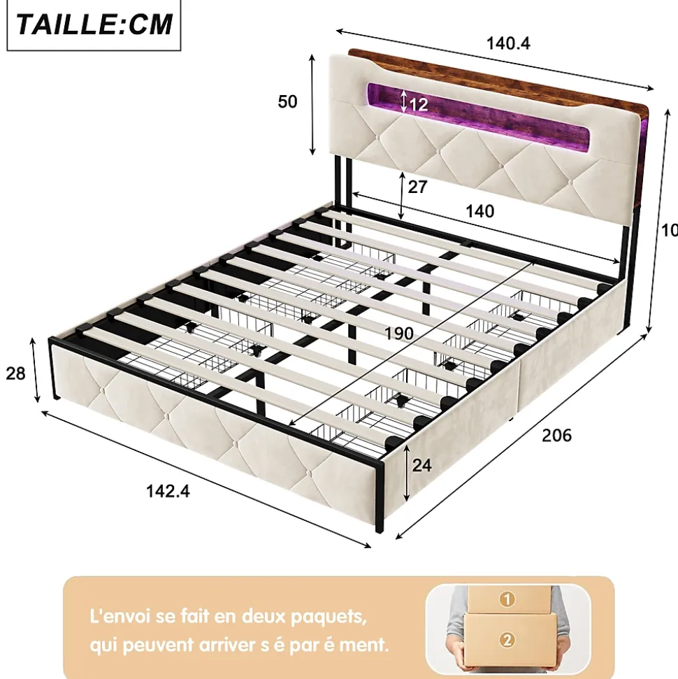 Lit double, 140x190 cm, avec 4 tiroirs, lumière LED et port USB, tête de lit en velours, beige