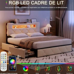 Lit double, 140x190 cm, avec 4 tiroirs, lumière LED et port USB, tête de lit en velours, beige