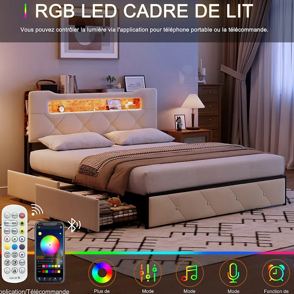 Lit double, 140x190 cm, avec 4 tiroirs, lumière LED et port USB, tête de lit en velours, beige