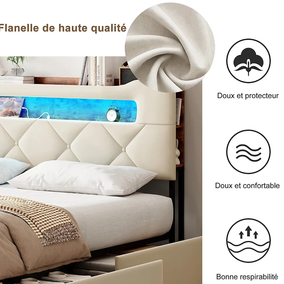 Lit double, 140x190 cm, avec 4 tiroirs, lumière LED et port USB, tête de lit en velours, beige