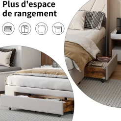Lit double 140x200 cm avec 3 tiroirs, sommier à lattes, lit queen size, linge, lit capitonné pour adulte - Beige