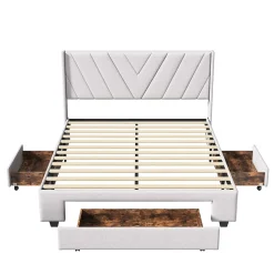 Lit double 140x200 cm avec 3 tiroirs, sommier à lattes, lit queen size, linge, lit capitonné pour adulte - Beige