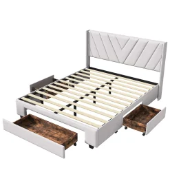 Lit double 140x200 cm avec 3 tiroirs, sommier à lattes, lit queen size, linge, lit capitonné pour adulte - Beige