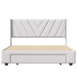 Lit double 140x200 cm avec 3 tiroirs, sommier à lattes, lit queen size, linge, lit capitonné pour adulte - Beige