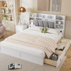 Lit Double 160x200 cm avec 3 Tiroirs Sur Roulettes, Rangement Sous Sommier, Tête de Lit avec Étagères - Pin Massif, Blanc Velours