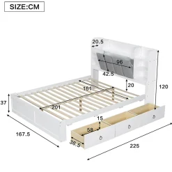 Lit Double 160x200 cm avec 3 Tiroirs Sur Roulettes, Rangement Sous Sommier, Tête de Lit avec Étagères - Pin Massif, Blanc Velours