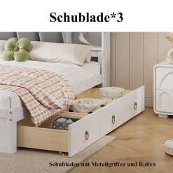 Lit Double 160x200 cm avec 3 Tiroirs Sur Roulettes, Rangement Sous Sommier, Tête de Lit avec Étagères - Pin Massif, Blanc Velours