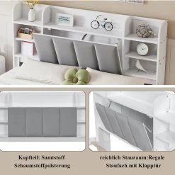 Lit Double 160x200 cm avec 3 Tiroirs Sur Roulettes, Rangement Sous Sommier, Tête de Lit avec Étagères - Pin Massif, Blanc Velours